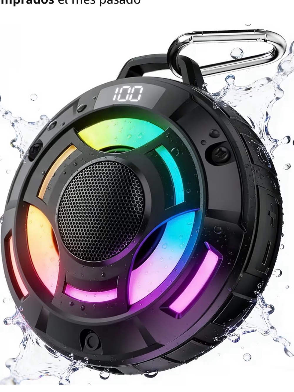 Waterproof Black Bluetooth Speaker with RGB Light Rings and Carabiner